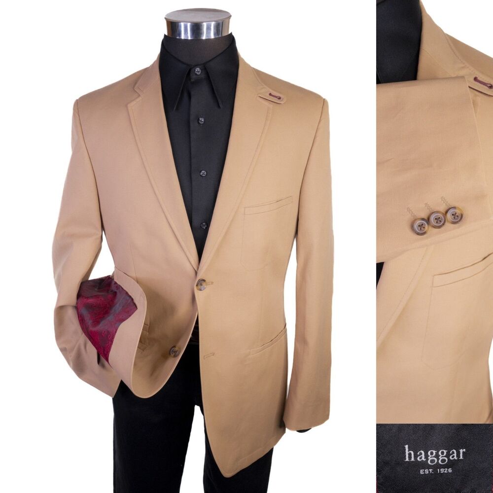 Haggar Blazer Sport Coat Sz M (40R) Solid Beige 100% Cotton Two Button Jacket